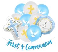 Blue Holy Communion Decorations, First Communion Balloons & Flag Set for Boys Girls, 10 Balloons 1 Banner - Communion Cake Topper, Confirmation Decorations, 1st Holy Communion Party Supplies (Blue)