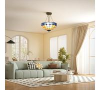 (Blue) HOMCOM Ceiling Light, Vintage Tiffany Style Chandelier with 3 E27 Sockets