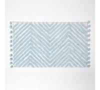 (Blue) HOMESCAPES Cotton Bath Mat Tufted Zig Zag with Pom Pom Edges 50 x 80 cm