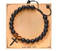 BLUE HOPE Chic Cross Beads Bracelet for Men Women - 8mm Natural Stone Crystal Pendant, Silver Cross Pendant, Elegant Christian Jewelry, Modern Gift for Any, Dia: 6cm/2.36in, Stainless Steel Natural