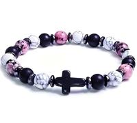 BLUE HOPE Vintage Chic Beaded Cross Bracelet - 8mm Round Beads with Black Cross Charm, Perfect Daily Accessory & Gift, Available in 6 Stunning Colors, 7.48, Stainless Steel, black cross
