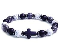 BLUE HOPE Vintage Chic Beaded Cross Bracelet - 8mm Round Beads with Black Cross Charm, Perfect Daily Accessory & Gift, Available in 6 Stunning Colors, 7.48, Stainless Steel, black cross