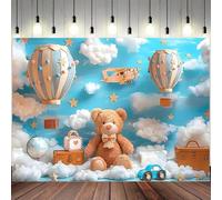 Blue Hot Air Balloon Adventure Photography Background Happy 1st Birthday Backdrops Cute Bear Vintage Luggage Airplane and Cloud Design Banner Blue Newborn Boys First Birthday Backdrop (A, 5x3feet)