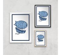 Blue Hot Air Balloon Giclee Art Print - A2 - Wooden Frame