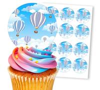 Blue Hot Air Balloons Sky White, 12 Edible Paper 2.5" Cupcake Toppers