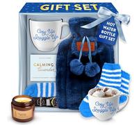 Blue Hot Chocolate Gift Set with Mug, 1.5L Hot Water Bottle, Fluffy Socks, Scented Candle and Cocoa Powder - Xmas Gifts for Women