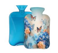 Blue Hydrangea Flowers Butterfly Hot Water Bottle with Cover, 2L Large Capacity Hot Water Bag for Hot Cold Compress, Hand Feet Warmer, Neck Shoulder Pain Relief
