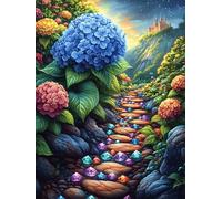 Blue Hydrangea Flowers on A Stone Path 1000 Pieces Set Classic Jigsaw Puzzle Science Fiction Magical Dream Couple Puzzle Partners Mind Relaxation Wall Decor Easter New Year Recycled Cardboard Materia