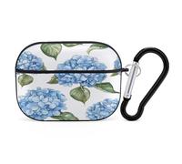 Blue Hydrangea Pattern Airpod Pro Case AirPods 2 Case for Women Hard Shell Protective Cover with Carabiner Keychain Compatible with AirPods Case 2nd 1st Generation, Front LED Visible Black