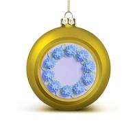 Blue Hydrangea Pattern Christmas Ball Ornaments - Golden Shatterproof Plastic Vintage Rustic Xmas Tree Decorations Pendant for Family Holiday Wedding Party Xmas Hanging Decoration