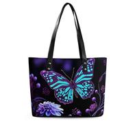 Blue Hydrangea Pattern Leather Tote Bag for Women Top Handle Purses Handbags Casual Work Tote Travel Shoulder Bag, Purple Butterfly and Flowers, 29*34*14cm