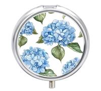 Blue Hydrangea Pattern Pill Box 3 Compartment Small Pill Case with Mirror for Purse & Pocket Travel Medicine Organizer Daily Medication Container Portable Pillbox Metal Medicine Box Round Meds Case