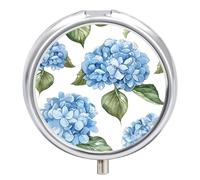 Blue Hydrangea Pattern Pill Box - 3 Compartment Travel Pill Organizer with Small Mirror, Portable Pillcase for Pocket & Purse, Cute Round Medicine Case, Weekly Medicine Container