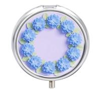 Blue Hydrangea Pattern Pill Box - 3 Compartment Travel Pill Organizer with Small Mirror, Portable Pillcase for Pocket & Purse, Cute Round Medicine Case, Weekly Medicine Container