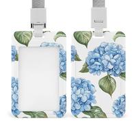 Blue Hydrangea Pattern Retractable ID Badge Holder with Lanyard Vertical Badge Reel Keychain Clip Name Tag Id Card Holder Protector for Nurse Officer Teacher Security Staff Women Men