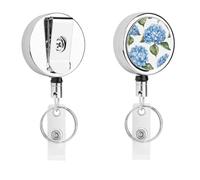 Blue Hydrangea Pattern Retractable Work Badge Holder Keychain Badge Reel 24.4" Cord & 360° Swivel Alligator Clip Heavy Duty Id Name Tag Holder for Nurses Doctors Teachers Office Workers