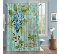 Blue Hydrangea Shower Curtain with 12 Hooks Vintage Retro Cage Beige Butterfly Flower Leaf Waterproof Fabric Shower Curtains Sets for Bathroom Bath Decorations, Machine Washable, 36"x78"