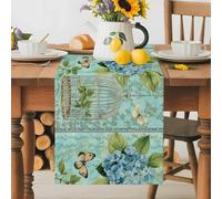Blue Hydrangea Table Runner 13x90 Inches Long Vintage Retro Cage Beige Butterfly Flower Leaf Cotton Linen Table Runner Burlap Style for Dinner Table Party Decor Tabletop Decorations