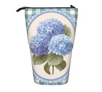 Blue Hydrangeas Standing Pencil Case Vintage Grid Pen Pouch Holder Telescopic Pencil Bag Pop Up Cosmetics Bag Stationery Organizer for School Office Travel