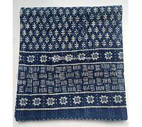 Blue Indigo Print Cotton Handmade Handblock Quilted Blanket Indian Cottodspread Kantha Indigo Print Beork Bohemian Bed Decor Block Throw Blanket Twin/King/Queen (Twin 60X90 inches)