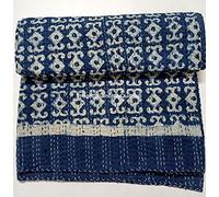 Blue Indigo Print Cotton Handmade Handblock Quilted Blanket Indian Cotton Spread Kantha Indigo Print Beork Bohemian Bed Decor Block Throw Blanket Twin/King/Queen (Twin 60X90 inches (1))