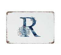 Blue Initial Number Letter R Coral Reefs 8x12 Inch Metal Sign Hanging Kitchen Bedroom Gate Wall Decorations Aluminum Metal Sign Sea Life Seaweed Metal Plaque for Lounge