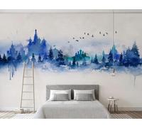 Blue Ink Wash Architecture Forest Flying Birds 3D Wallpaper Luxury Silk Study Dining Feature Sofa Grey Bedroom Living Room Tv Decorative Wall-400cm×280cm