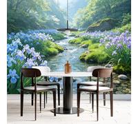 Blue Iris Stream Forest Wall Mural Flower Garden Wallpaper for Living Room Bedroom 350 × 280 Cm Nature Landscape Non Woven Wall Decor Valley River Scenery Wallpaper Home Decoration Blue Iris 350 ×