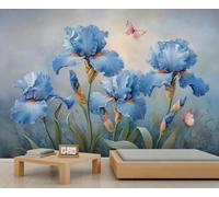 Blue Iris Wallpapers Iris Flower and Butterfly Mural Wallpaper Oil Painting Style Boys Wallpaper for Kids Bedroom Living Room Mural Poster 450X300cm