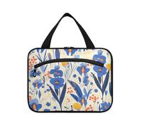 Blue Iris White Background Modern Scandinavian Hanging Travel Bags for Women Toiletry with Hook, Designer Portable Large Capacity Makeup Bag for Travel Accessories Vacation cartera para