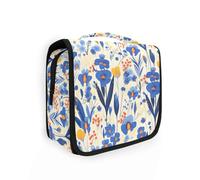 Blue Iris White Background Modern Scandinavian Large Cosmetic Bags for Women with Hanging Hook Washable Quilted Makeup Bag Backpacking