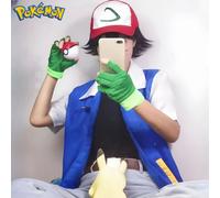 Blue Jacket Pokemon Men Cosplay Costume Boys Ash Ketchum For Halloween Party Trainer Gloves And Cap Set Anime Christmas Gift a set