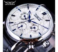 (blue) Jaragar Brand Men Automatic Self Wind Mechanical Watch White 3 Dials Calendar Blue Hands Simple Business Leather Band Wristwatch