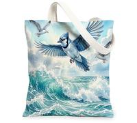 Blue Jay Bird Canvas Tote Bag for Shopping 13 * 15, Cool Sea Ocean Waves Scenery Reusable Grocery Bag for Women, Animal Travel Pattern Gift Decoration