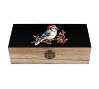 Blue Jay Bird Winter Wooden Storage Box Wood Jewelry Casket Present Boxes with Hinged Lid And Front Clasp