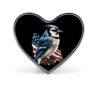 Blue Jay Bird with U.S. Flag Funny Metal Badge 1″ Heart Form Brooch Pin Clothes Hat Bag Accessories Tie Decor