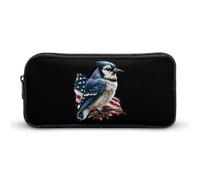 Blue Jay Bird with U.S. Flag Funny Pencil Cases Multipurpose Large Pen Pouch Makeup Storage Bag