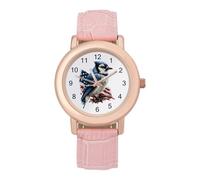 Blue Jay Bird with U.S. Flag Funny Women's Wrist Watch with Leather Strap | Stylish Slim Analog Display Quartz Watches for Women