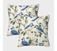Blue Jay Birds-Spring Floral Garden Art Pillow Covers 2 Pack Cozy Pillowcase Art Cushion Case Polyester Decor for Sofa Living Room Bed Home 45x45cm