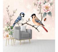 Blue Jay & Black-Headed Bird on Branches with Pink Flowers, Self-Adhesive Wall Fabric (NO PVC), Removable Wallpaper, for Living Room, Bedroom, Office -Custom Size