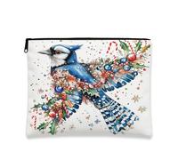 Blue Jay Cosmetic Bag, Holiday Floral Makeup Pouch for Women, Portable Canvas Zipper Organizer, Festive Toiletry Bag 7x9 Inch