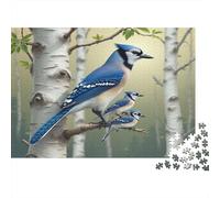 Blue Jay Family 1000Pc for Adults Gifts: Blue Jay Family on Birch Trees Educational Game Challenge & Brainteasing Activity 52x38cm/1000pcs
