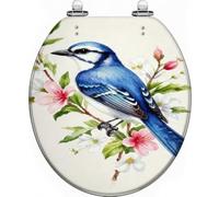 Blue Jay Flower Branch Decorative Toilet Seat Quiet Close Quick Release Hin