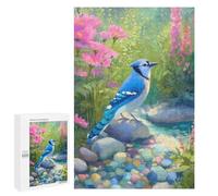 Blue Jay in Floral Landscape Painting, 1000 PCS Wooden Art Puzzle, Year-End Present; for Shared Table Time