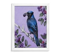 Blue Jay with Bilberries 5D Diamond Painting Kits for Adults Large DIY Round Drill Diamond Art with Frame Beginner Friendly Craft Gem Painting for Stress Relief Home Wall Decor White Wood 40*50cm