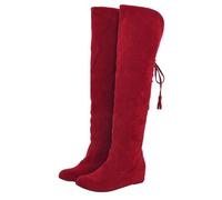 Blue Jean Cowboy Boots for Women Color and Fleece Frosted Boots With Elevated Round Toe Flat Above Knee Boots Women Mid Calf Boot (Red, 7)