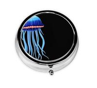 Blue Jellyfish Mini Round Pill Box, can be Put into Wallet, Pocket, Light and Convenient, 3 Compartment Pill Box, Portable Pill Box,