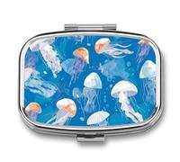 Blue Jellyfish Pill Case Box with 2 Compartment Medicine Vitamin Organizer for Purse Pocket 5.5x4cm