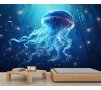 Blue Jellyfish Wallpaper, Elegant Marine Life Custom Wallpaper Blue Ocean Wall Murals Dreamy Colorful Underwater World Bedroom Wall Paper Mural for Living Room Bedroom Kids Room Poster 350X256cm