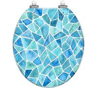 Blue Kaleidoscope Stained Resin Round Toilet Seat - Seamless Mosaic Watercolor Geometric, Quiet Close Quick Release Hinges, Cover Bumpers, Decorative Easy Install Clean